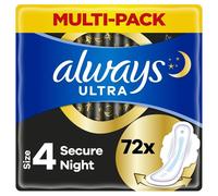 Always Ultra Sanitary Pads Women's Size 4, Secure Night, 72 Sanitary Towels with Wings (6 x 12 Pieces) Monthly Pack, Ultra Thin and Super Absorbent
