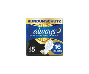 Always Ultra Secure Night Extra Size 5 Sanitary Towels with Wings, Big Pack, Thin and Super Absorbent, Pack of 16