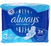 Always Ultra Size 3 Day & Night Sanitary Pads with Wings - 10 Pads Pack - Extra Protection, Instant Absorb, Odour Block, Comfort Fit for Heavy Flow and Overnight Use