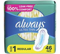 Always Ultra Thin Feminine Pads For Women Size 1 Regular Absorbency With Wings Unscented 46 Count