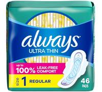 Always Ultra Thin, Feminine Pads for Women, Size 1 Regular Absorbency, with Wings, Unscented, 46 Count