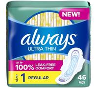 Always Ultra Thin, Feminine Pads for Women, Size 1 Regular Absorbency, with Wings, Unscented, 46 Count