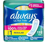 Always Ultra Thin, Feminine Pads For Women, Size 1 Regular Absorbency, Without Wings, Unscented, 44 Count x 3 (132 Count Total)