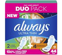Always Ultra Thin Pads Duo Pack, Feminine Pads with Wings for Women, Size 2 Long Super and 4 Overnight Absorbency, Unscented, Up to 100% Leak-Free Protection, 44 CT