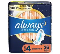 Always Ultra Thin Pads for Women, Size 4 Overnight Absorbency, Unscented with Wings, 26 Count