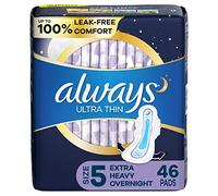 Always, Ultra Thin Pads For Women, Size 5, Extra Heavy Overnight Absorbency With Wings, 46 Count