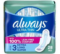 Always Ultra Thin Size 3 Extra Long Super Pads with Wings Unscented, 28 Count