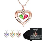 Always Yours - Birthstone Heart Necklace, To My Wife Necklace from Husband, Custom Double Heart Birthstone Necklace for Women, Family's Love Engraved Names Pendant Necklace (Rose Gold)