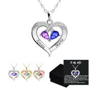 Always Yours - Birthstone Heart Necklace, To My Wife Necklace from Husband, Custom Double Heart Birthstone Necklace for Women, Family's Love Engraved Names Pendant Necklace (Silver)