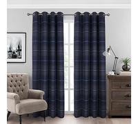 always4u 100% Blackout Curtains Check Eyelet Bedroom Tartan Curtain Plaid Brushed Cheque Pair of Highland Woolen Look Window Treatment for Living Room Navy Blue 66 * 54 Inches