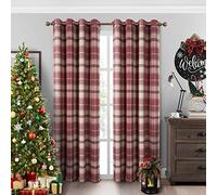 always4u 100% Blackout Curtains Check Eyelet Curtain Bedroom Plaid Woven Brushed Cheque Pair of Highland Woolen Look Window Treatment for Living Room Red 66 * 90 Inches