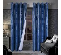 always4u 100% Blackout Curtains Eyelet for Bedroom Soft Velvet Curtain Stripe Foil Printed Shining Luxury Window Drapes for Living Room 1 Pair Navy Blue 66 * 90
