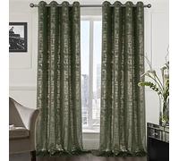 always4u 100% Blackout Curtains, Velvet Curtains with Gold Printed for Living Room, Bedroom, Thermal Insulated Double Curtains with Eyelets, Elegant, Sage Green Set of 2 140 x 260 cm