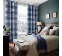 always4u 100% Blackout Tartan Curtains Highland Check Eyelet Curtain Woolen Look Plaid Brushed Cheque Pair of Window Treatment for Bedroom Living Room Navy Blue 90 * 90 Inches