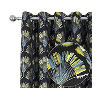 always4u Jacquard Curtains Lining Eyelet Thermal Insulating Nature Style Woven Banana Leaf Pattern For Bedroom Living Room Window Treatment A Pair Black Yellow 90 * 90