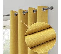 always4u Linen Look 100% Blackout Eyelet Curtains Thermal Energe Saving for Bedroom 1 Pair Noise Reducing Solid Modern Window Treatment for Home Decoration Yellow W66*L72