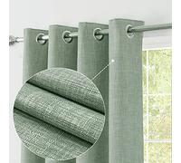 always4u Linen Look 100% Blackout Eyelet Curtains Thermal Energe Saving for Bedroom 1 Pair Noise Reducing Solid Modern Window Treatment for Home Decoration Sage Green W46*L72