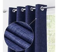 always4u Linen Look 100% Blackout Eyelet Curtains Thermal Energe Saving for Bedroom 1 Pair Noise Reducing Solid Modern Window Treatment for Home Decoration Navy Blue W66*L72