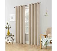 always4u Linen Look 100% Blackout Eyelet Curtains Thermal Energe Saving for Bedroom 1 Pair Noise Reducing Solid Modern Window Treatment for Home Decoration Beige W66*L72