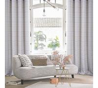 always4u Linen Look Curtains Eyelet Printed Check Curtains Semi-sheer Plaid Drapes for Living Room Bedroom Decoration Modern Textured 1 Pair Beige Green Yellow W90 x L90 Inches