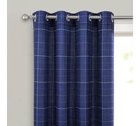 always4u Linen Look Curtains Eyelet Printed Check Curtains Semi-sheer Plaid Drapes for Living Room Bedroom Decoration Modern Textured 1 Pair Navy Blue W66 x L72 Inches