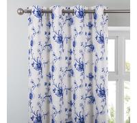 always4u Linen Look Curtains Semi-sheer Eyelet Printed Curtains Navy Blue Floral Window Treatments for Living Room Bedroom Decoration Modern Textured 1 Pair W66 x L72 Inches