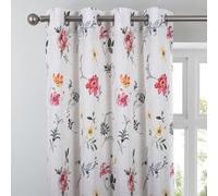 always4u Linen Look Curtains Semi-sheer Eyelet Printed Curtains Pink Orange Floral Window Treatments for Living Room Bedroom Decoration Modern Textured 1 Pair W66 x L72 Inches
