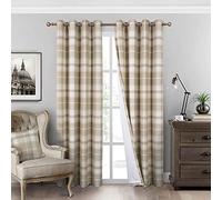 always4u Plaid Curtains for Bedroom Living Room 100% Blackout Thermal Energy Saving Woolen Look Grommet Curtains 84 Inch Length 2 Panels Beige
