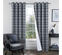 always4u Plaid Curtains for Bedroom Living Room 100% Blackout Thermal Fully Lined Woolen Look Check Drapes Grey Grommet Curtains 95 Inch Length 2 Panels Grey