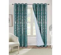 always4u Soft Velvet Curtains 100% Blackout for Window for Bedroom Thermal Gold Foil Printed Shining Luxury Window Treatment Drapes for Living Room 1 Pair Teal 46 * 54