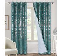 always4u Soft Velvet Curtains 100% Blackout for Window for Bedroom Thermal Gold Foil Printed Shining Luxury Window Treatment Drapes for Living Room 1 Pair Teal 66 * 54