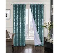 always4u Soft Velvet Curtains 100% Blackout for Window for Bedroom Thermal Silver Foil Printed Shining Luxury Window Treatment Drapes for Living Room 1 Pair Teal 46 * 72