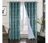 always4u Soft Velvet Curtains 100% Blackout for Window for Bedroom Thermal Silver Foil Printed Shining Luxury Window Treatment Drapes for Living Room 1 Pair Teal 66 * 54