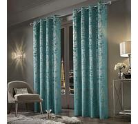 always4u Soft Velvet Curtains 95 Inch Length Luxury Bedroom Curtains Gold Foil Print Window Treatments for Living Room Set of 2 Teal