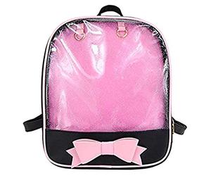 AlwaySky Ita Backpack for Girls - Cute Candy Leather School & Summer Beach Bag with Bowknot, Transparent Windows for DIY Decors - Black/Pink