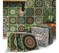 Alwayspon 12 Sheet 15x15cm Thicken Vinyl Wall Tile Sticker Transfers, Peel and Stick Self-Adhesive Waterproof Splashback Stick on Tile Decals for Kitchen Bathroom Wall, Green Moroccan