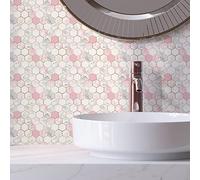 Alwayspon 12PcsX20cm/8inch Vinyl Wall Tile Sticker Transfer, Waterproof Sticky Back Tile Sticker for Kitchen Bathroom Self-adhesive Peel and Stick PVC Stick on Tile, White and Pink Marble Effect