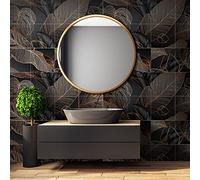 Alwayspon 12PcsX20cmX20cm Vinyl Floor Wall Tile Sticker Transfer, Non-slip Sticky Back Tile Decals for Kitchen Bathroom Self-adhesive Peel and Stick PVC Stick on Tile, Black and Gold Marble Effect