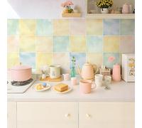 Alwayspon 15x15cmx25Pcs Self Adhesive Vinyl Waterproof Splashback Tiles Sticker, Peel and Stick Tile Transfer Sticker for Bathroom Kitchen Floor Wall, Light Yellow Green Pink Blue