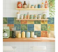 Alwayspon 20x20cmx25Pcs Self Adhesive Vinyl Waterproof Splashback Tiles Sticker, Peel and Stick Tile Transfer Sticker for Bathroom Kitchen Floor Wall, Green Blue Orange Yellow