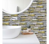 Alwayspon 24Pcs 30x15cm Peel&Stick Wall Sticker Vinly Wallpaper, Waterproof Backsplash for Kitchen Bathroom, Self-Adhesive Tile Transfers Decal Stick on Tiles with Yellow Stone Brick Effect
