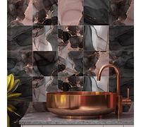 Alwayspon 24PcsX15cm/6inch Vinyl Wall Tile Sticker Transfer, Waterproof Sticky Back Tile Sticker for Kitchen Bathroom Self-adhesive Peel and Stick PVC Stick on Tile, Black and Pink Marble Effect