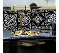 Alwayspon 24PcsX20cm/8inch Mandala Vinyl Wall Tile Sticker Transfer, Waterproof Sticky Back Tile Sticker for Kitchen Bathroom Self-adhesive Peel and Stick PVC Stick on Tile, Black Silver T65