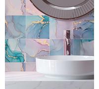 Alwayspon 24PcsX20cm/8inch Vinyl Wall Tile Sticker Transfer, Waterproof Sticky Back Tile Sticker for Kitchen Bathroom Self-adhesive Peel and Stick PVC Stick on Tile, Blue and Pink Marble Effect
