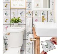 Alwayspon 30Pcs 15cm/6inch Retro White Tile and Green Leaf Tile Sticker, Peel & Stick Self-Adhesive Splashback Fireplace Stairs Tile Sticker Transfers, Stick on Tile for Kitchen Bathroom Wall