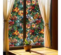 Alwayspon 43X100cm Non-Adhesive Stained Floral Vinyl Static Window Privacy Film, Removable Anti UV Glass Effect Static Window Clings Sticker Glass Film, Green Leaves Red Orange Flowers