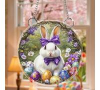 Alwayspon Easter Art Style Oval Stained Acrylic Window Hanging Listing, Double-sided Rainbow Listing Decor for Friend Family Birthday Gift Home Bedroom, Easter Egg Purple Bow White Bunny