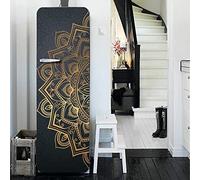 Alwayspon Self-Adhesive Vinyl Fridge Wrap, Peel and Stick Refrigerator Door Mural Removable, Geometric Ginkgo Leaf Green Gold Effect Fruniture Wall Fridge Sticker, 56x163CM