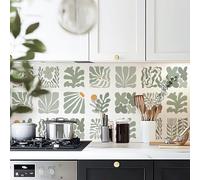 Alwayspon Self-Adhesive Vinyl Wall Tile Stickers, 10Pcs 15cm/6inch Peel and Stick on Tiles Transfer Vinyl Flooring Waterproof Splashback for Kitchen Bathroom, Sage Green Floral