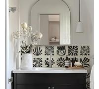 Alwayspon Self-Adhesive Vinyl Wall Tile Stickers, 10Pcs 20cm/8inch Peel and Stick on Tiles Transfer Vinyl Flooring Waterproof Splashback for Kitchen Bathroom, Black White Floral